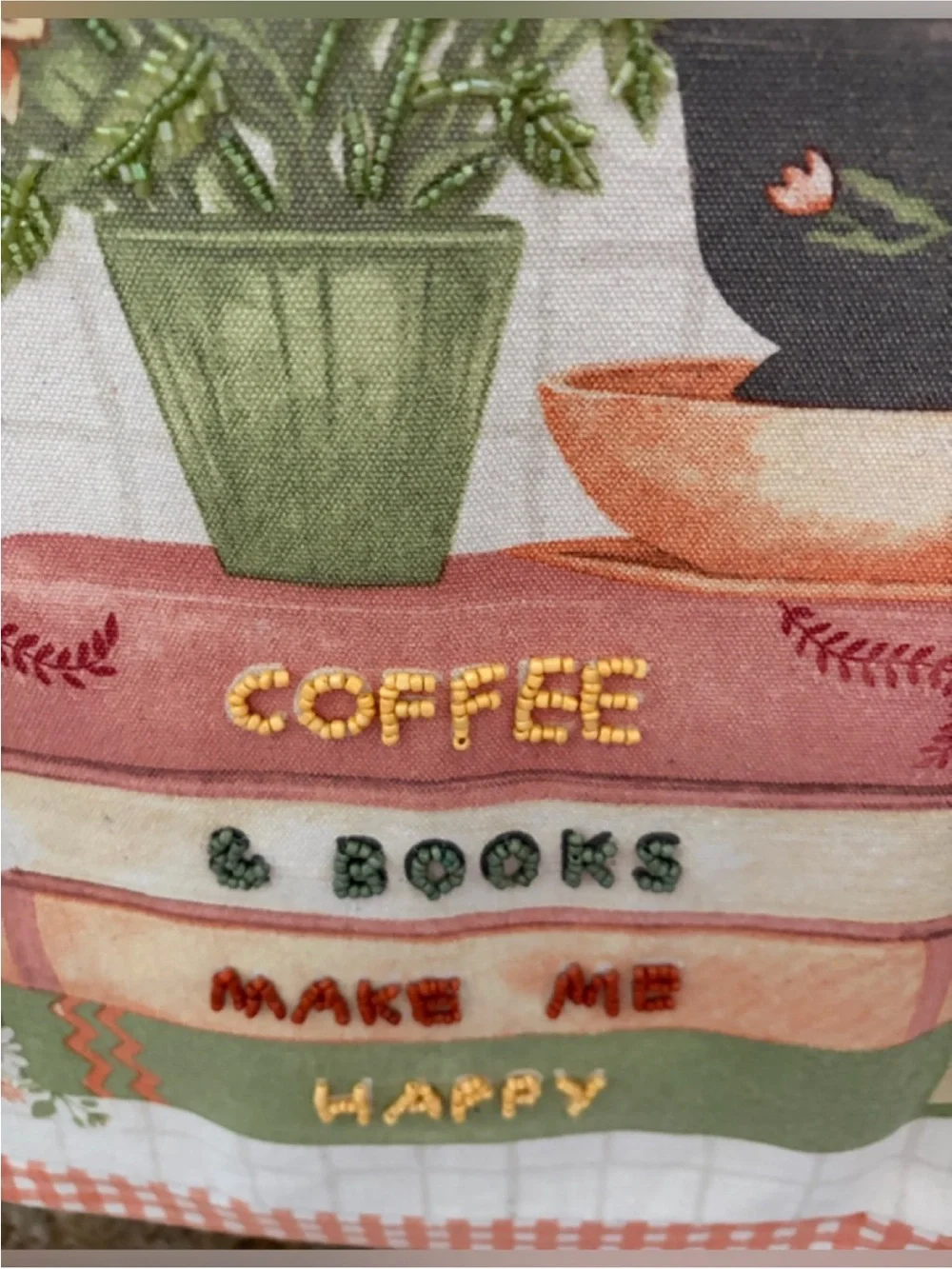 Canvas Tote Bag with Coffee & Books Beaded Print - Cream/Tan